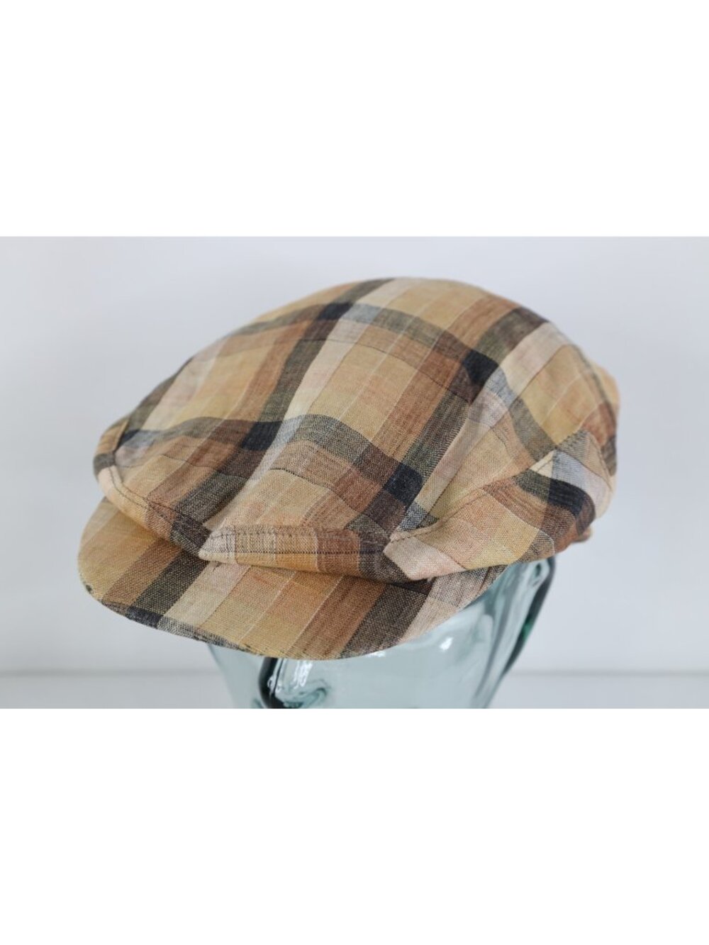 Vintage 60s 70s Dobbs Linen Blend Knit Newsboy Cabbie Hat Cap Plaid USA L/XL